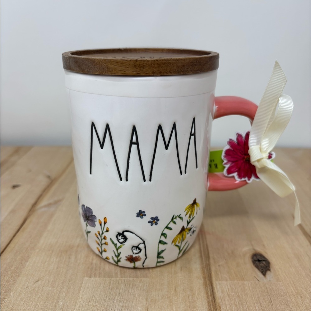 Rae Dunn MAMA Mug White with Wooden Top with Floral Decor and Pink Handle New